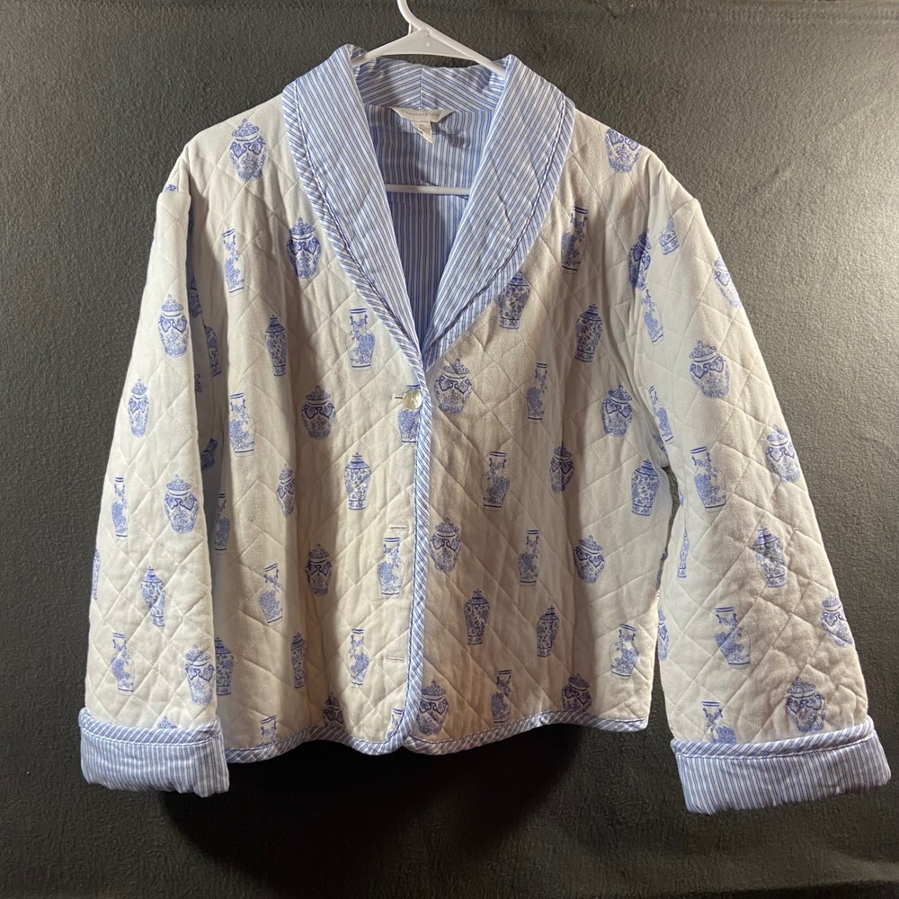 chinoiserie quilted Jacket Ginger Jar Cotton Blue White XL cottagecore coastal